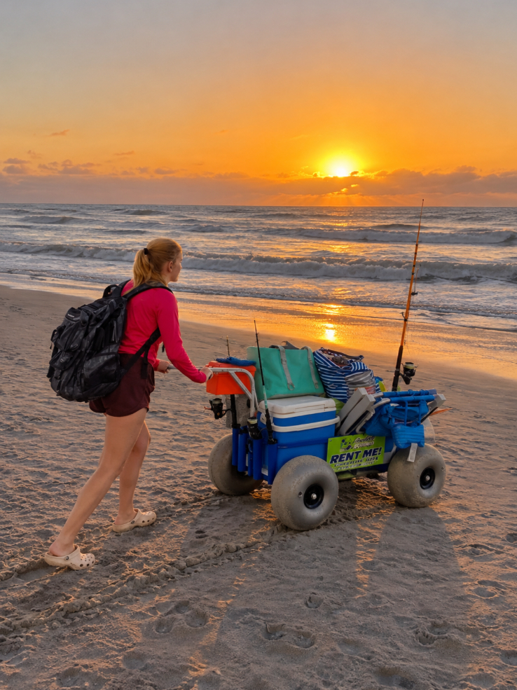 Person pulling a fully loaded Coastal Bound cart along the shoreline at sunset